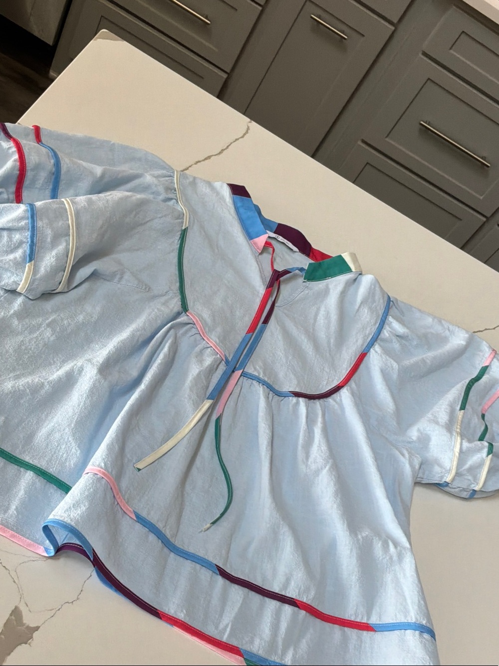 Cicy Bell XXL Babydoll V Neck Lantern Sleeve Light Blue Blouse Multicolor Trim